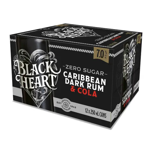 Black Heart Rum & Cola Zero Sugar 7% 12 Pack Cans 250ml